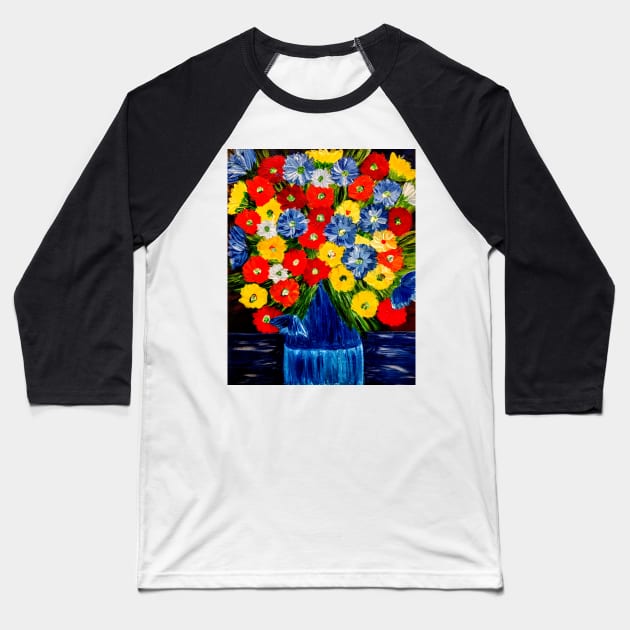Bright and colorful abstract flowers in a window painting Baseball T-Shirt by kkartwork